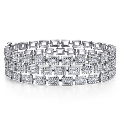 Wide 18K White Gold Round and Baguette Diamond Bracelet