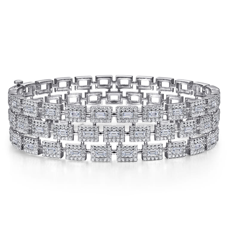 Wide 18K White Gold Round and Baguette Diamond Bracelet - 3.93 ct - Shot 1