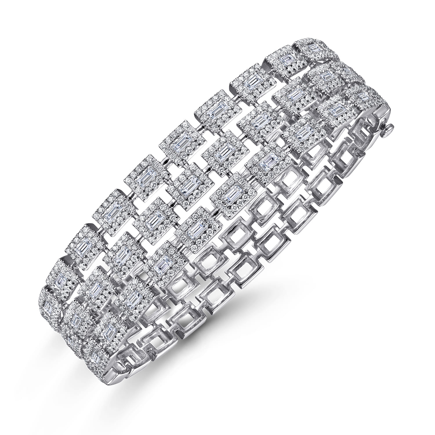 Wide 18K White Gold Round and Baguette Diamond Bracelet - 3.93 ct - Shot 2