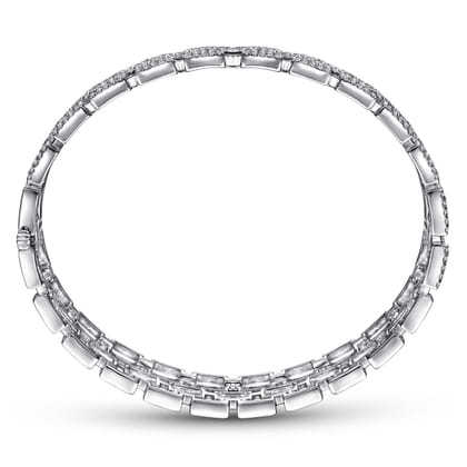 Wide 18K White Gold Round and Baguette Diamond Bracelet