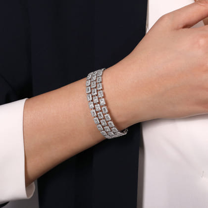 Wide 18K White Gold Round and Baguette Diamond Bracelet