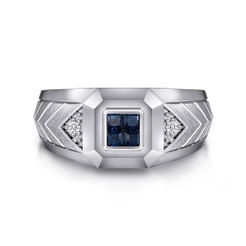 Wide 925 Sterling Silver Chevron Mens Ring with Sapphire in High Polished Finish