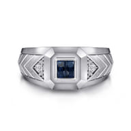 Wide 925 Sterling Silver Chevron Mens Ring with Sapphire in High Polished Finish
