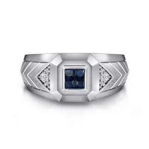 Wide 925 Sterling Silver Chevron Mens Ring with Sapphire in High Polished Finish
