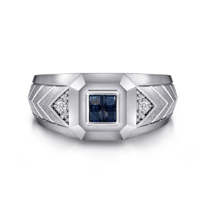 Wide 925 Sterling Silver Chevron Mens Ring with Sapphire in High Polished Finish