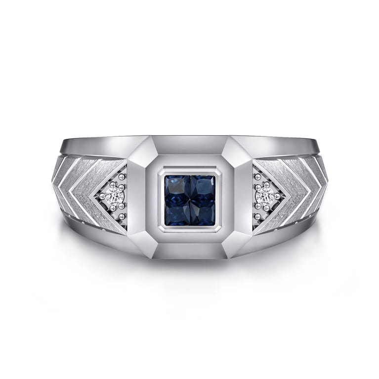 Wide 925 Sterling Silver Chevron Mens Ring with Sapphire in High Polished Finish - Shot 1