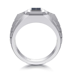 Wide 925 Sterling Silver Chevron Mens Ring with Sapphire in High Polished Finish