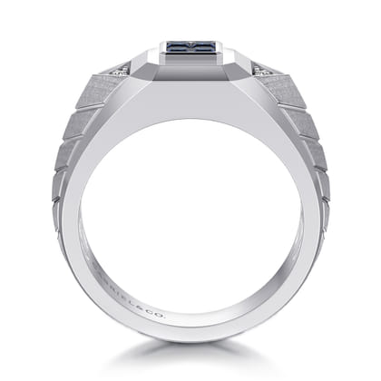 Wide 925 Sterling Silver Chevron Mens Ring with Sapphire in High Polished Finish