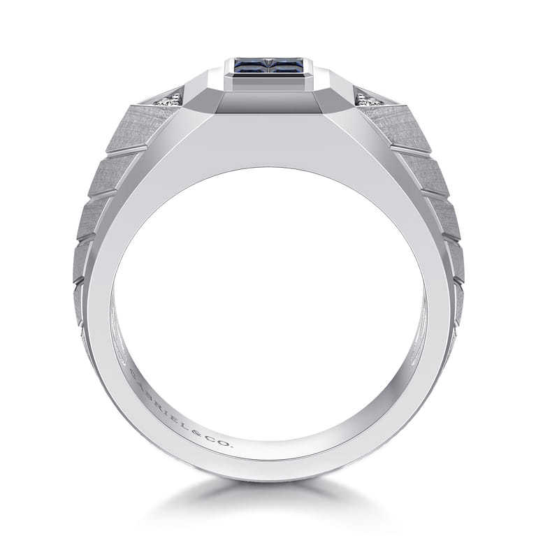Wide 925 Sterling Silver Chevron Mens Ring with Sapphire in High Polished Finish - Shot 2
