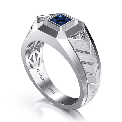 Wide 925 Sterling Silver Chevron Mens Ring with Sapphire in High Polished Finish