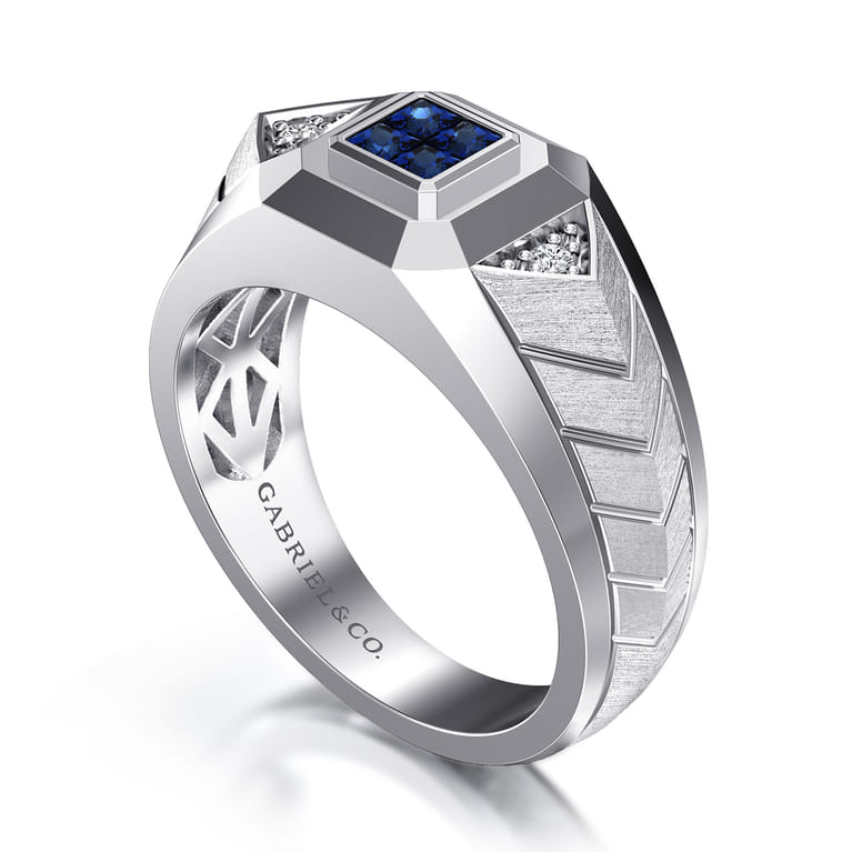 Wide 925 Sterling Silver Chevron Mens Ring with Sapphire in High Polished Finish - Shot 3