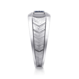 Wide 925 Sterling Silver Chevron Mens Ring with Sapphire in High Polished Finish
