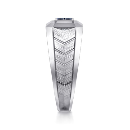 Wide 925 Sterling Silver Chevron Mens Ring with Sapphire in High Polished Finish
