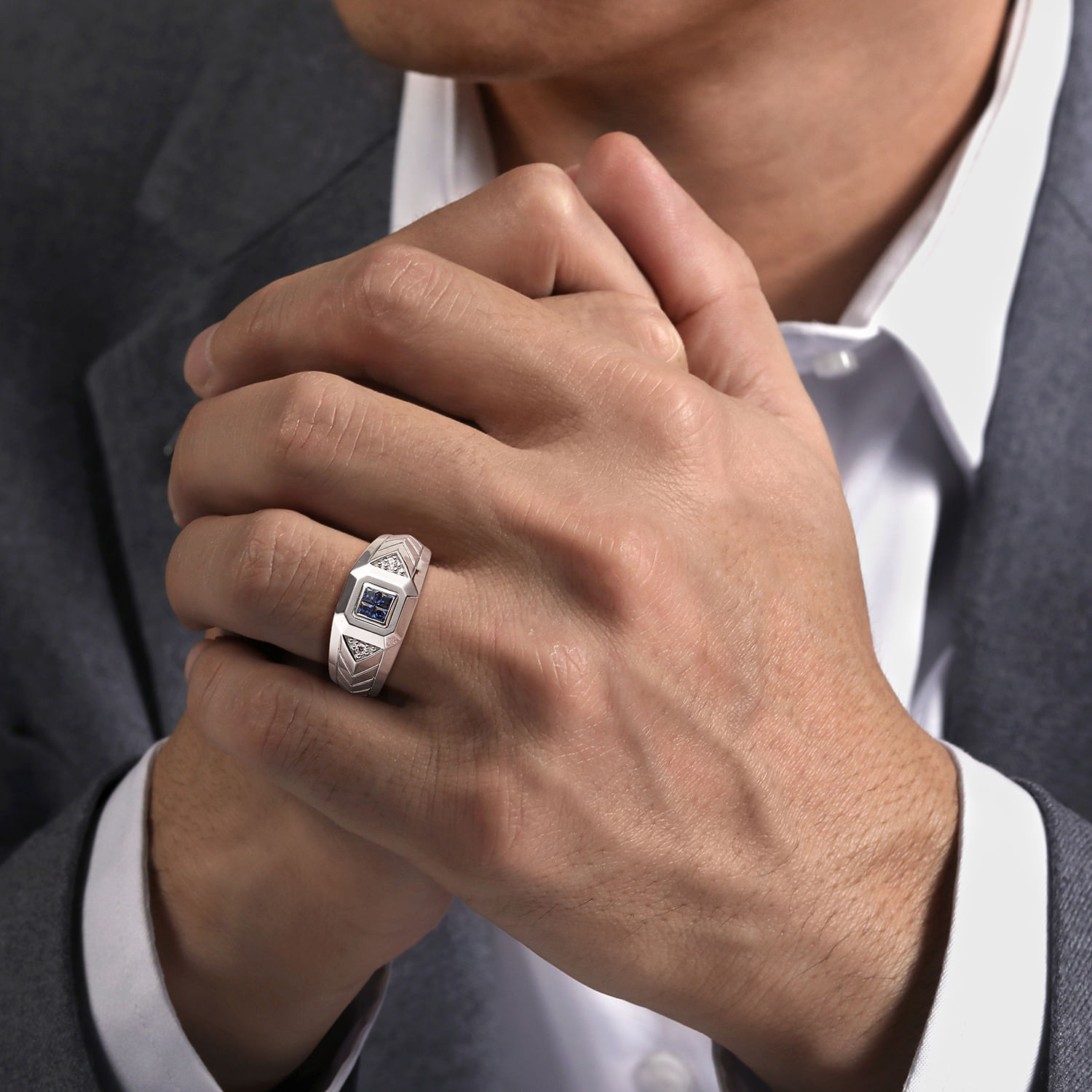 Wide 925 Sterling Silver Chevron Mens Ring with Sapphire in High Polished Finish