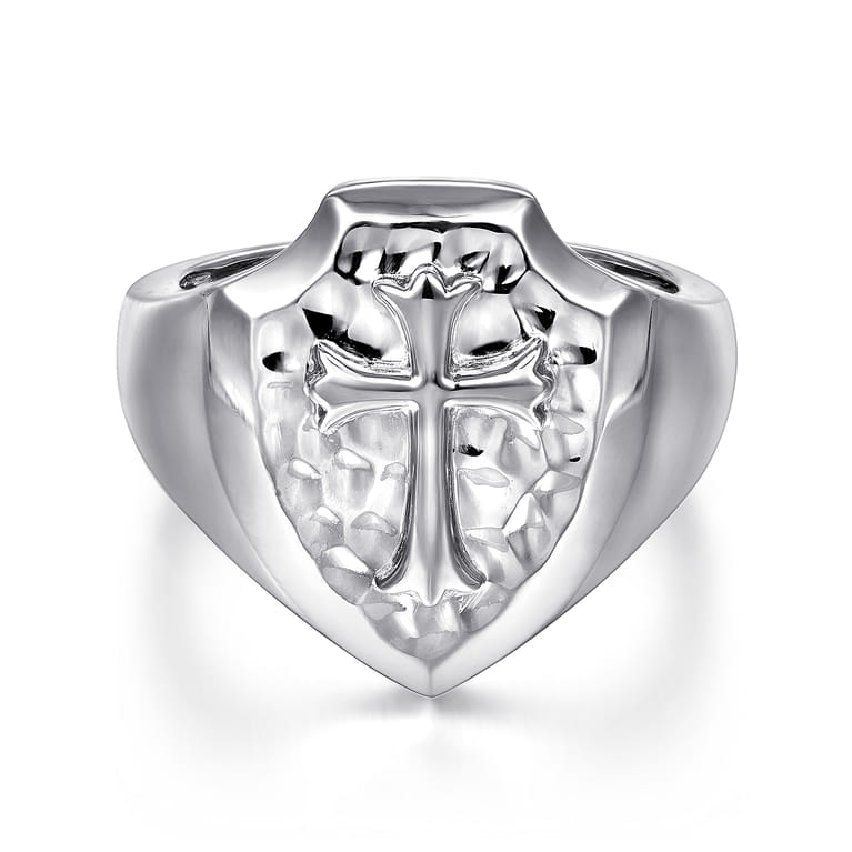 Wide 925 Sterling Silver Cross Signet Ring in High Polished Finish - Shot 1