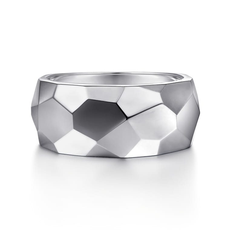 Wide 925 Sterling Silver Faceted Band in High Polished Finish - Shot 1