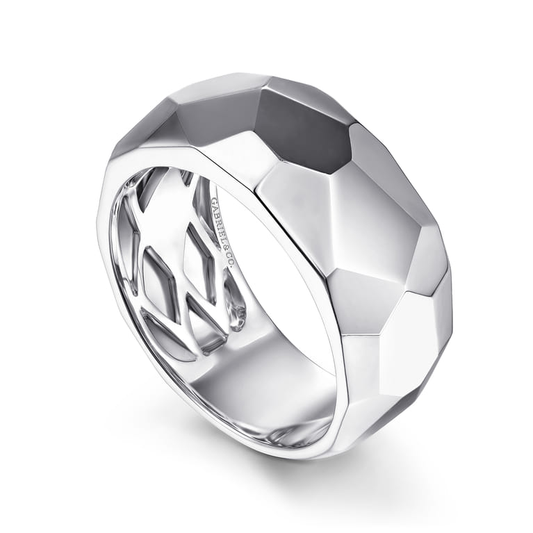 Wide 925 Sterling Silver Faceted Band in High Polished Finish - Shot 3