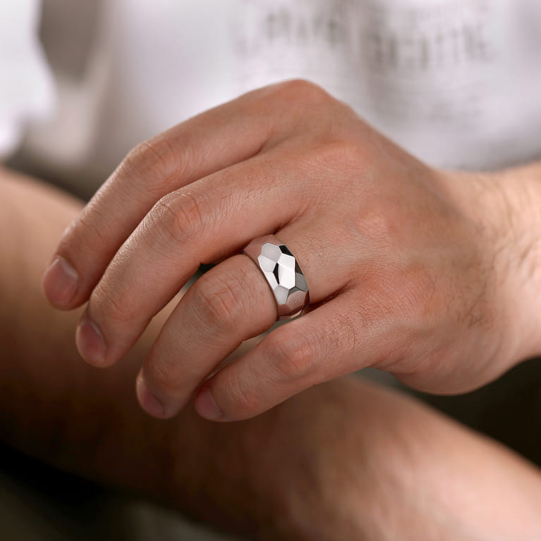 Wide 925 Sterling Silver Faceted Band in High Polished Finish - Shot 5