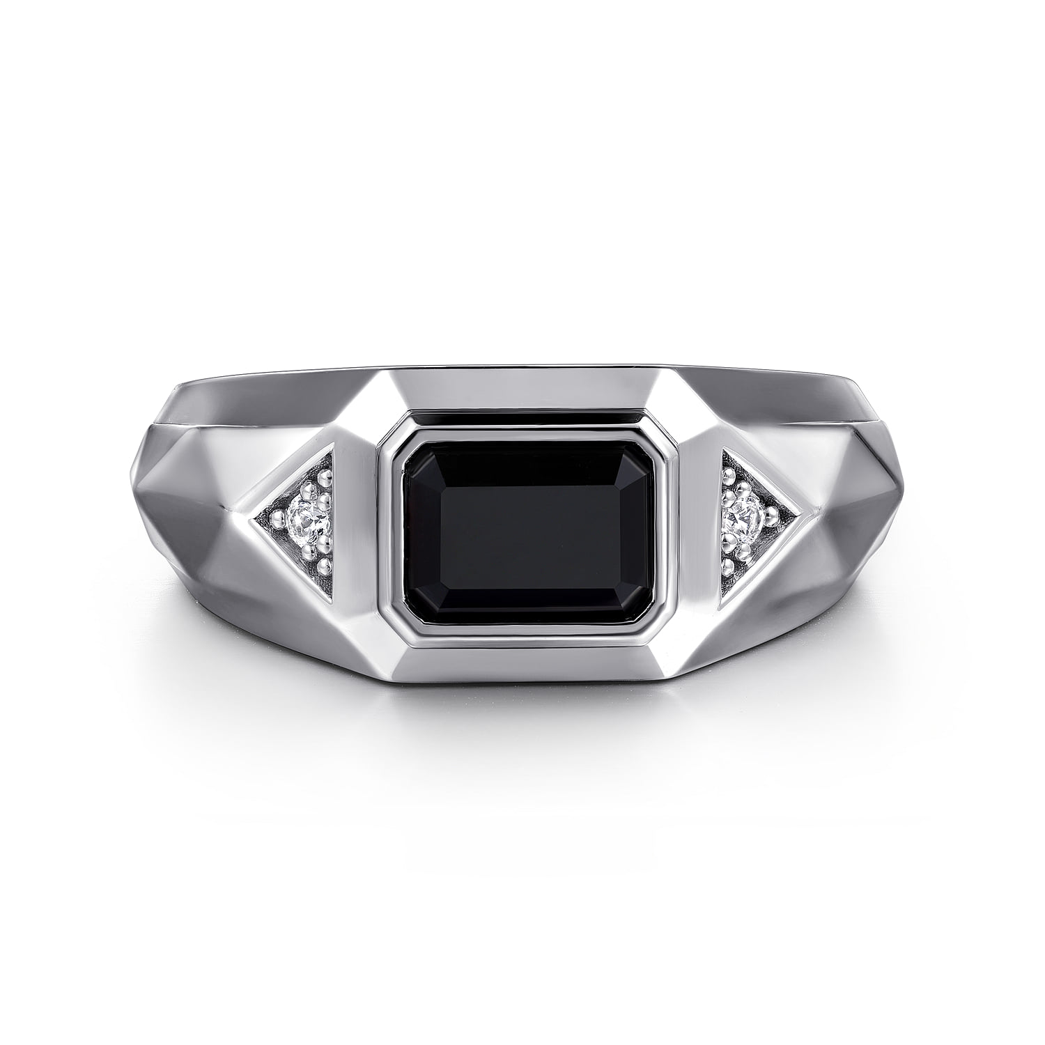 Wide 925 Sterling Silver Faceted Mens Ring with Onyx and White