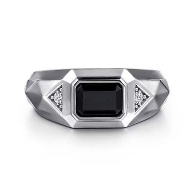 Wide 925 Sterling Silver Faceted Mens Ring with Onyx in High Polished Finish