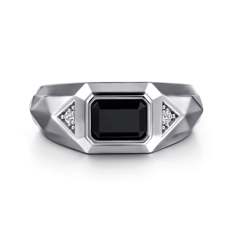 Wide 925 Sterling Silver Faceted Mens Ring with Onyx in High Polished Finish - Shot 1