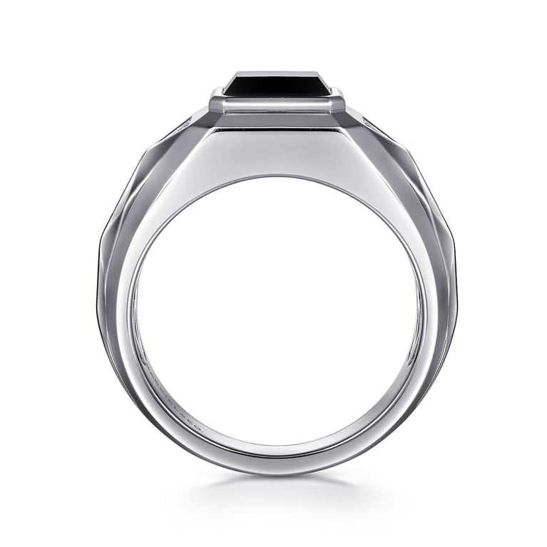 Wide 925 Sterling Silver Faceted Mens Ring with Onyx in High Polished Finish - Shot 2