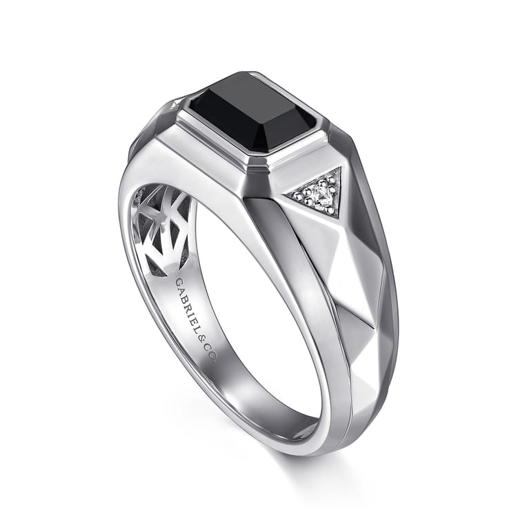 Wide 925 Sterling Silver Faceted Mens Ring with Onyx in High Polished Finish - Shot 3