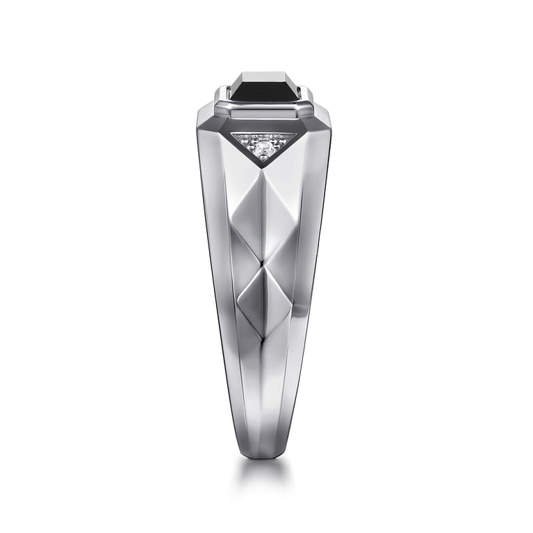 Wide 925 Sterling Silver Faceted Mens Ring with Onyx in High Polished Finish - Shot 4