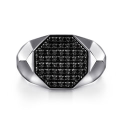 Wide 925 Sterling Silver Faceted Signet Ring with Black Spinel Pavé in High Polished Finish