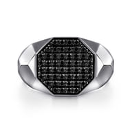 Wide 925 Sterling Silver Faceted Signet Ring with Black Spinel Pave in High Polished Finish