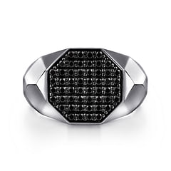 Wide 925 Sterling Silver Faceted Signet Ring with Black Spinel Pave in High Polished Finish