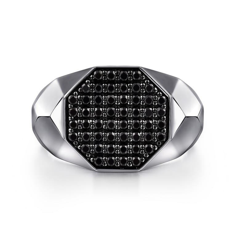 Wide 925 Sterling Silver Faceted Signet Ring with Black Spinel Pave in High Polished Finish - Shot 1