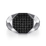 Wide 925 Sterling Silver Faceted Signet Ring with Black Spinel Pave in High Polished Finish