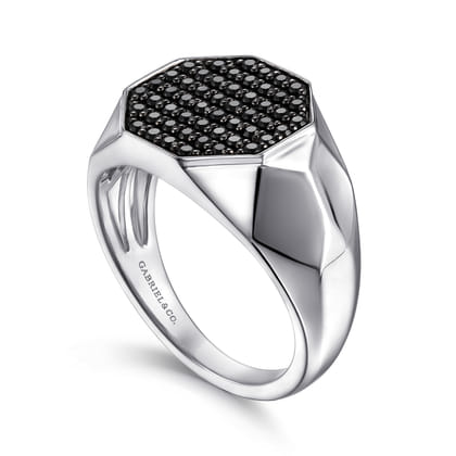 Wide 925 Sterling Silver Faceted Signet Ring with Black Spinel Pave in High Polished Finish