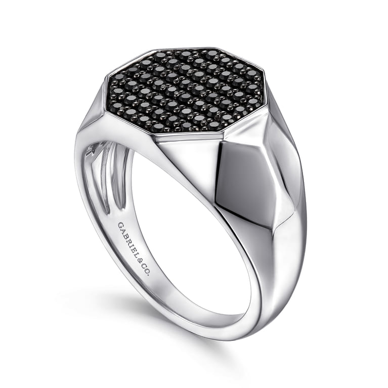 Wide 925 Sterling Silver Faceted Signet Ring with Black Spinel Pave in High Polished Finish - Shot 3
