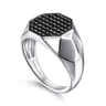 Wide 925 Sterling Silver Faceted Signet Ring with Black Spinel Pave in High Polished Finish