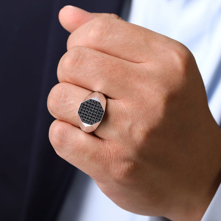 Wide 925 Sterling Silver Faceted Signet Ring with Black Spinel Pave in High Polished Finish