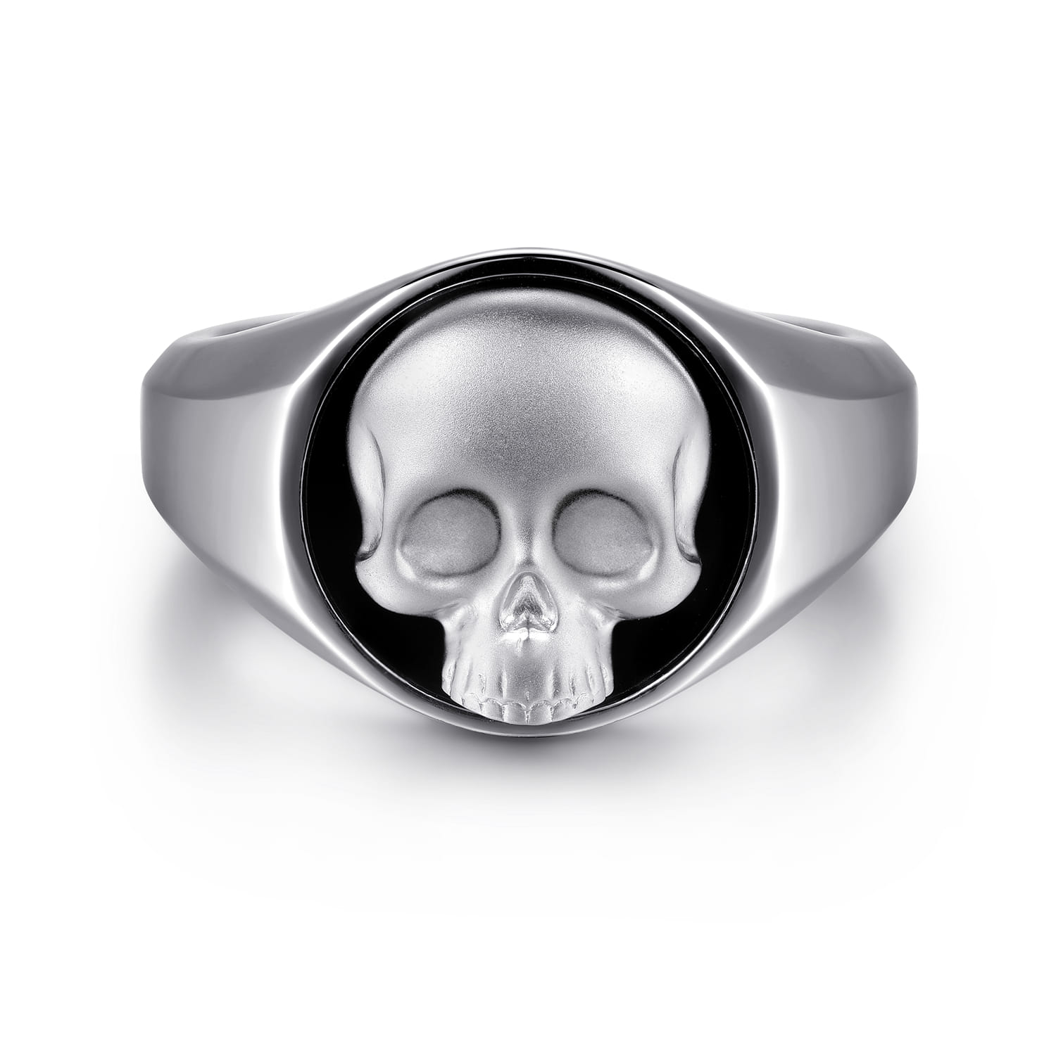 Wide 925 Sterling Silver Onyx Signet Ring with Skull - Shot 1
