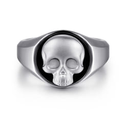 Wide 925 Sterling Silver Onyx Signet Ring with Skull