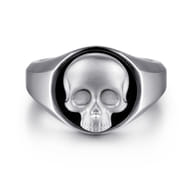 Wide 925 Sterling Silver Onyx Signet Ring with Skull