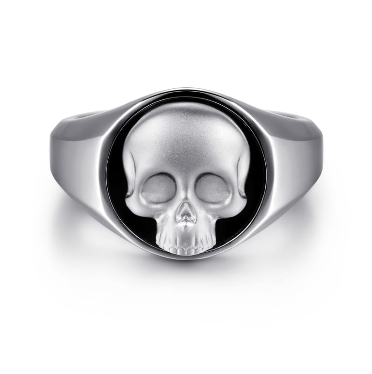 Wide 925 Sterling Silver Onyx Signet Ring with Skull - Shot 1