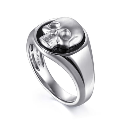 Wide 925 Sterling Silver Onyx Signet Ring with Skull