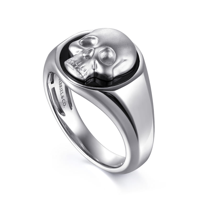 Wide 925 Sterling Silver Onyx Signet Ring with Skull - Shot 3