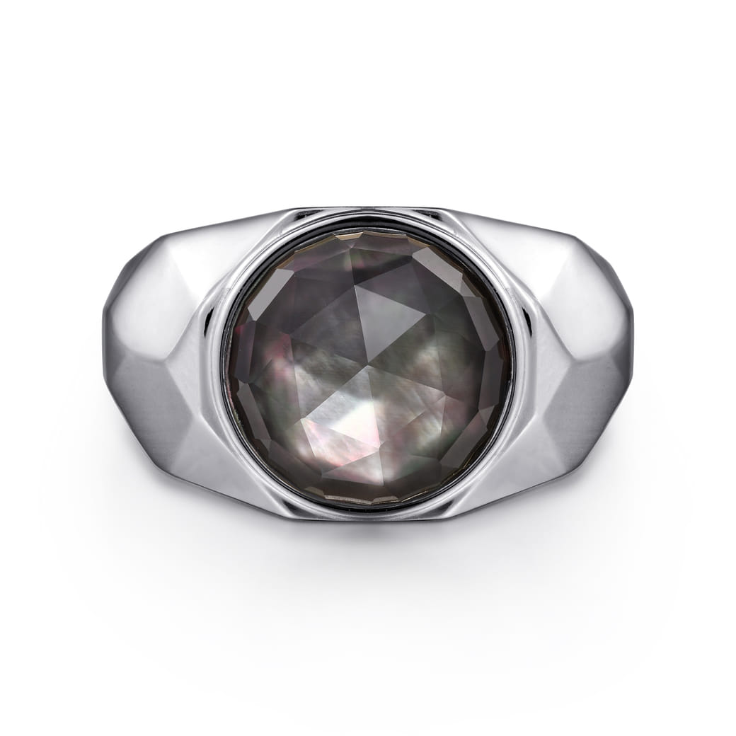 Wide 925 Sterling Silver Signet Ring with Black Mother of Pearl
