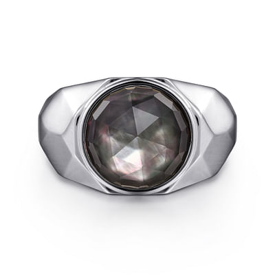 Wide 925 Sterling Silver Signet Ring with Black Mother of Pearl Stone in High Polished Finish