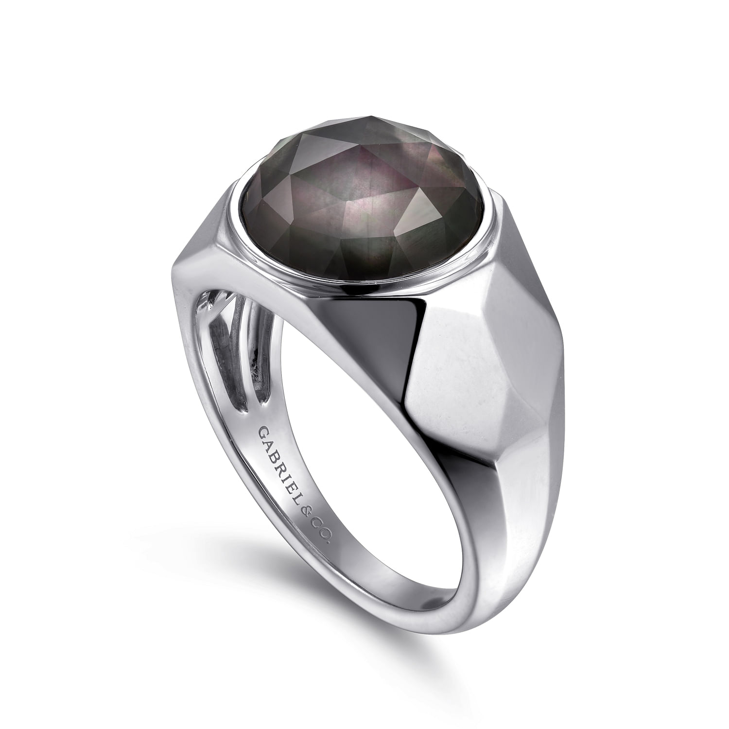 Wide 925 Sterling Silver Signet Ring with Black Mother of Pearl Stone in High Polished Finish - Shot 3