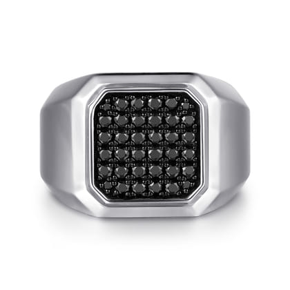 Wide 925 Sterling Silver Signet Ring with Black Spinel in High Polish Finish