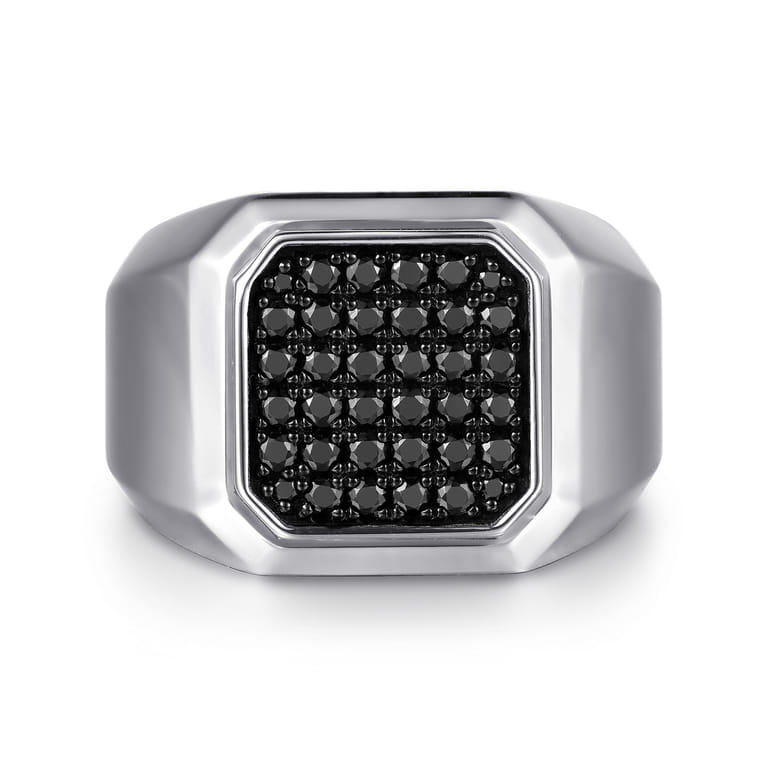 Wide 925 Sterling Silver Signet Ring with Black Spinel in High Polish Finish - Shot 1