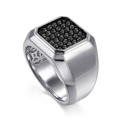 Wide 925 Sterling Silver Signet Ring with Black Spinel in High Polish Finish
