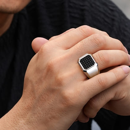 Wide 925 Sterling Silver Signet Ring with Black Spinel in High Polish Finish